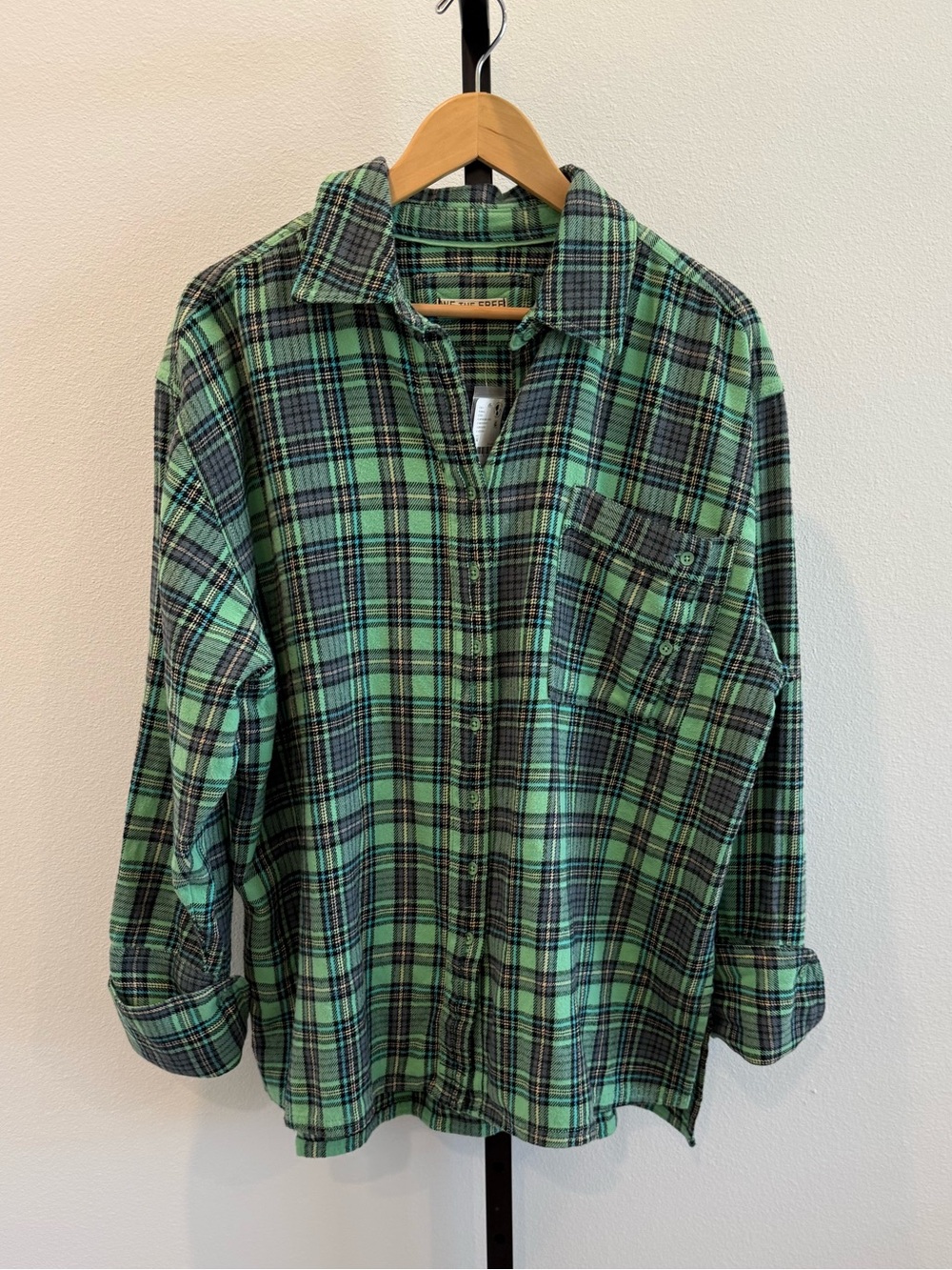 NWT Free People Hallie Plaid Shirt Sage Combo Button Down Oversized Medium Boho